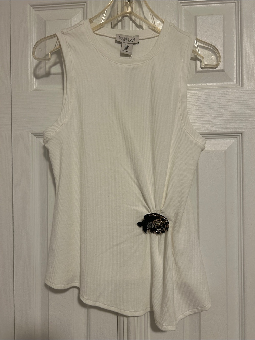 Rachel Zoe White Asymmetrical Tank Top with Black Decorative Brooch